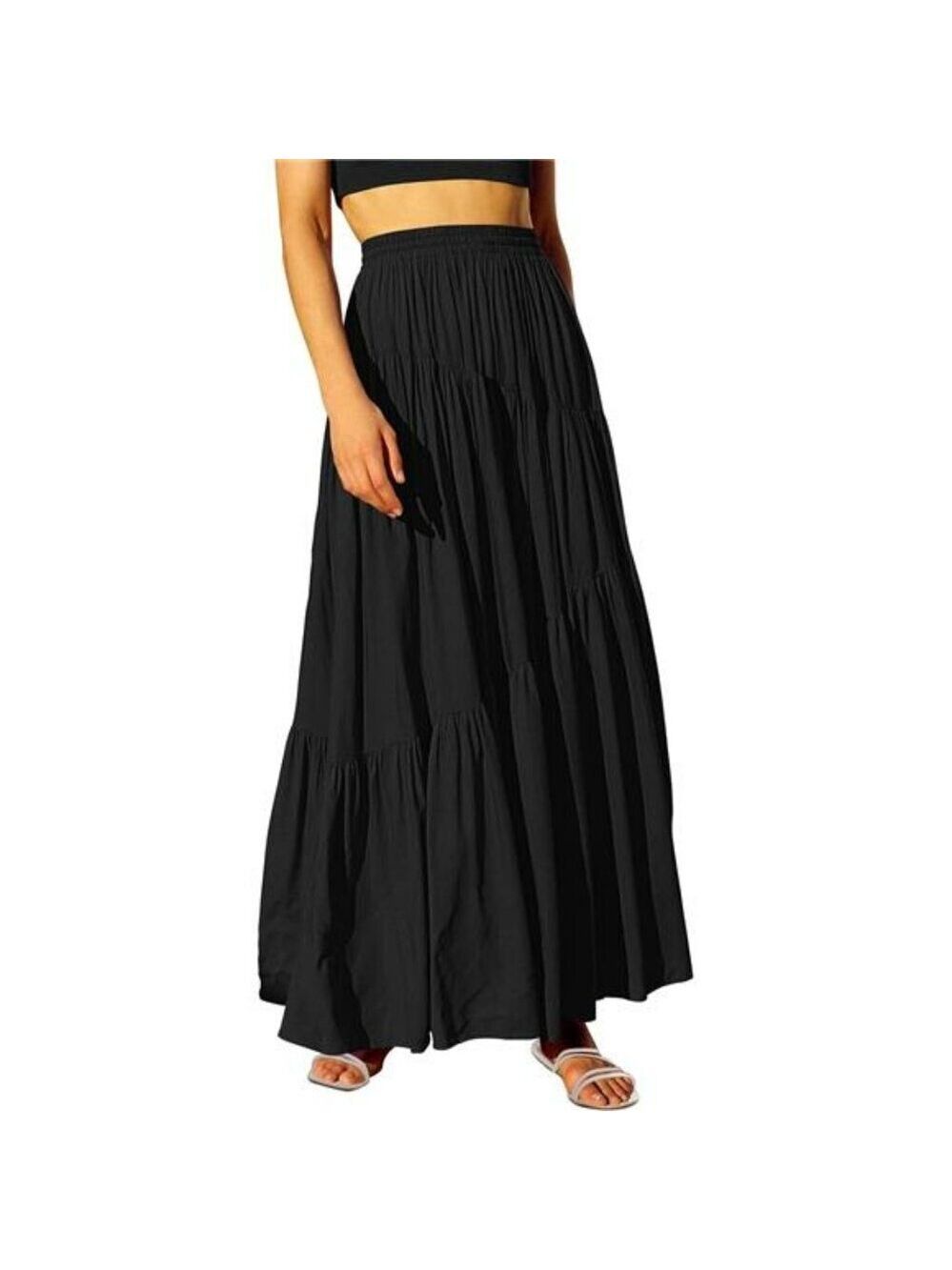 Womens Boho Maxi Skirt High Waist Flowy Tiered Long A Line Skirt with Pockets